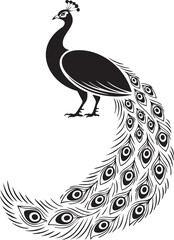 Elegant Peacock Silhouette with Ornamental Feathers Black and White Graphic Design for Various Creative Projects