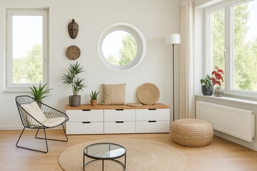Inviting Living Room with Natural Light Minimalist Decor and Earthy Tones Creating a Warm and Peaceful Atmosphere