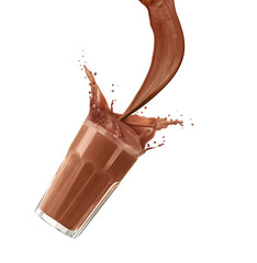 Pouring chocolate milk into glass against white background