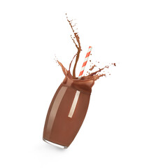 Chocolate milk splashing in glass on white background
