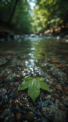 Single Green Maple Leaf Resting on Rocky Stream Bed with Sunlit Water Keywords: leaf, green, maple, resting, stream, shallow, water, nature