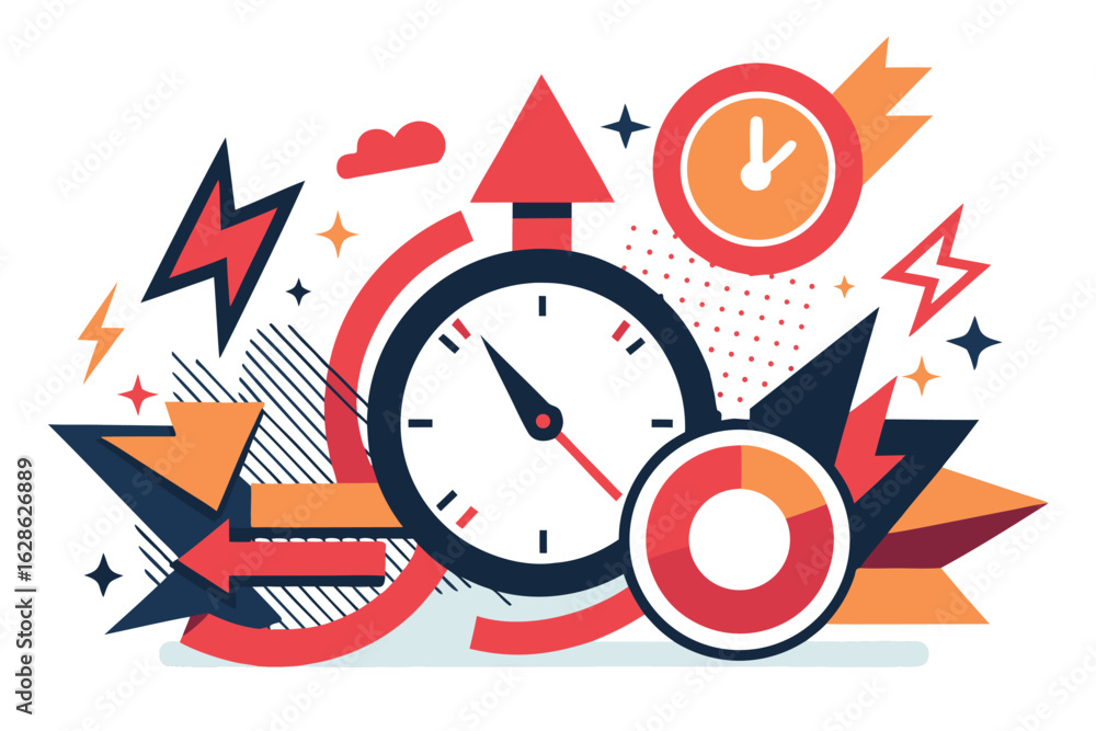 Poster abstract time management composition with clocks, arrows, and geometric elements for design projects