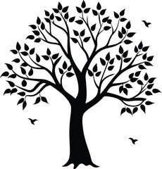 Tree silhouette vector illustration.  Black vector silhouette of a tree with leaves isolated on white background. Vector tree logo. 