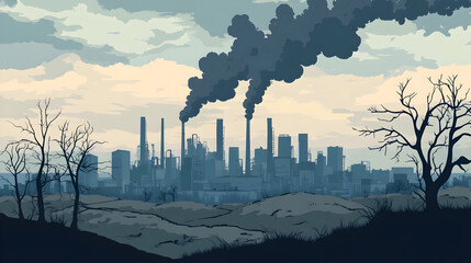 Industrial landscape illustration depicting heavily industrialized area with factories and smoke
