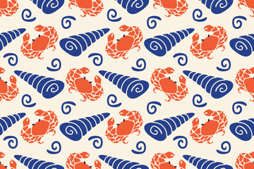 Mediterranean seamless pattern with crab and seashells. La dolce vita background. Hand drawn doodle Seafood elements in Italian style. Vector flat illustration menu, wall art,  prints, cafe