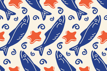Mediterranean Sardines and starfish. La dolce vita color seamless pattern. Doodles mackerel and sea star. Hand drawn Seafood  for print, wall art, interior decor, menus, cafe, restaurant. Vector