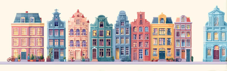 Fototapeta premium Row of Colorful Old European Buildings Illustration with Bicycles and Potted Plants Representing Charming City Architecture