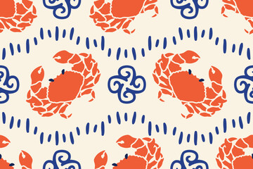 Mediterranean seamless pattern with crabs and doodles elements. La dolce vita background. Hand drawn Seafood template in Italian style. Vector flat illustration menu, wall art, print, cafe, restourant