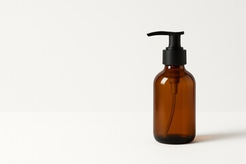 A minimalistic AI-generated image of an amber glass dispenser bottle with a black pump, placed on a clean white background. Ideal for e-commerce, skincare branding, and product presentations.