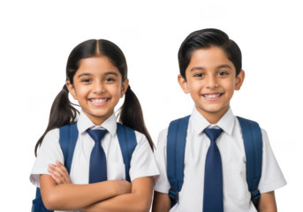 Happy smiling school children with backpacks isolated on transparent background