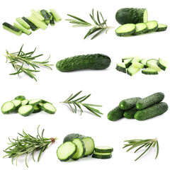 Fresh cucumbers and rosemary isolated on white, set
