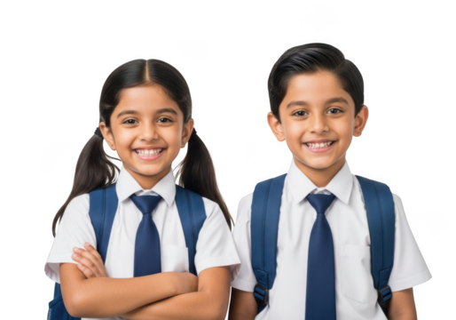 Happy smiling school children with backpacks isolated on transparent background
