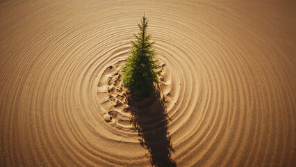 Single Green Tree In The Center Of Concentric Sand Ripples From Above desert dunes