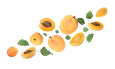 Fresh juicy apricots flying against white background