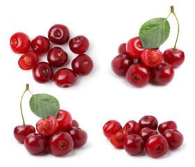 Fresh red cherries isolated on white, set