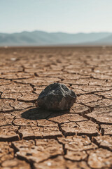 Single grey rock resting on cracked dry earth in a barren landscape with distant mountains