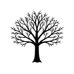 Tree silhouette vector illustration.  Black vector silhouette of a tree with leaves isolated on white background. Vector tree logo. 