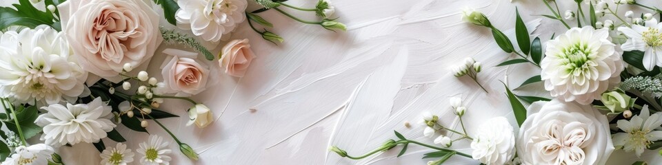 Elegant floral composition with white and blush garden roses on a soft background banner