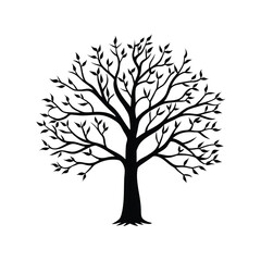 Tree silhouette vector illustration.  Black vector silhouette of a tree with leaves isolated on white background. Vector tree logo. 