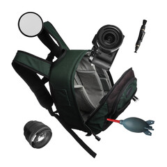 Photographer's backpack and professional equipment flying against white background
