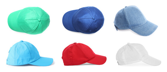 Baseball caps in different colors isolated on white, set