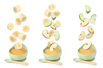 Baby food. Different fresh ingredients falling into bowls with puree against white background, set