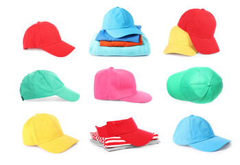 Set with different baseball caps isolated on white