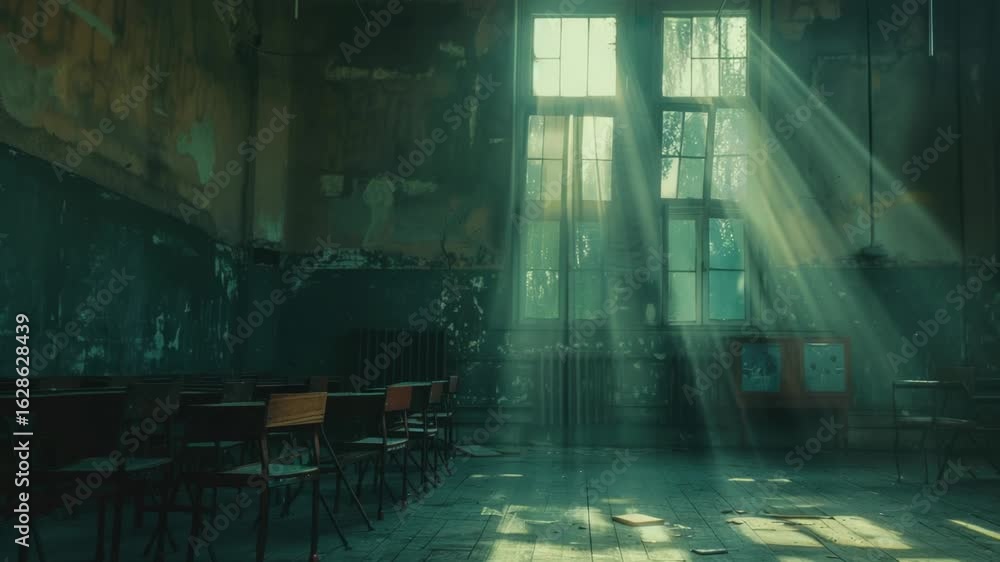 Poster a typical classroom scene with sunlight streaming in through the windows