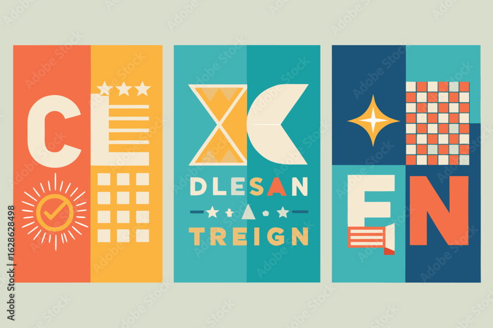 Poster retro graphic design composition of abstract text and geometric shapes in vibrant colors for digital