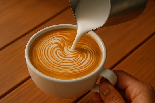  Artistic coffee presentation with ripple-style latte art resembling ocean waves. Captured mid-pour, highlighting texture, flow, and barista skill.