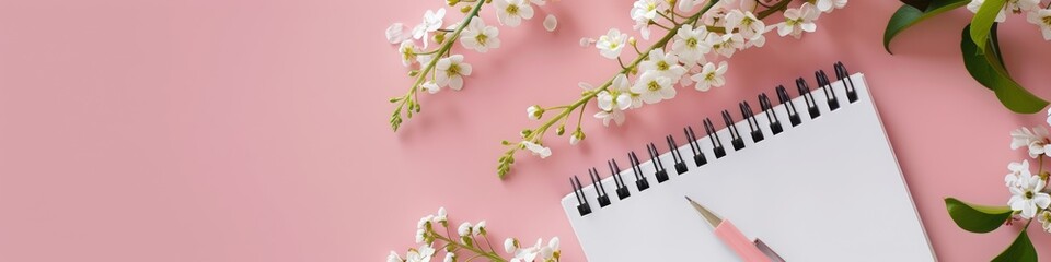 Spring inspiration with blooming white flowers and a blank notebook on a pink background