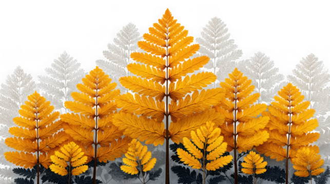 Autumnal ferns create a beautiful and serene scene with their golden foliage against a muted background isolated on transparent background