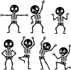 Cartoon skeletons dancing and posing in various fun positions vector illustration