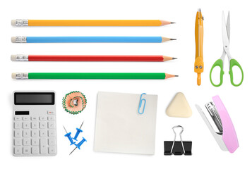 Pencils, shaving and other stationery isolated on white, set. Top view