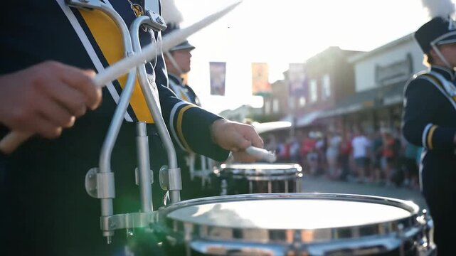 Drummer playing marching beat during festive parade background  