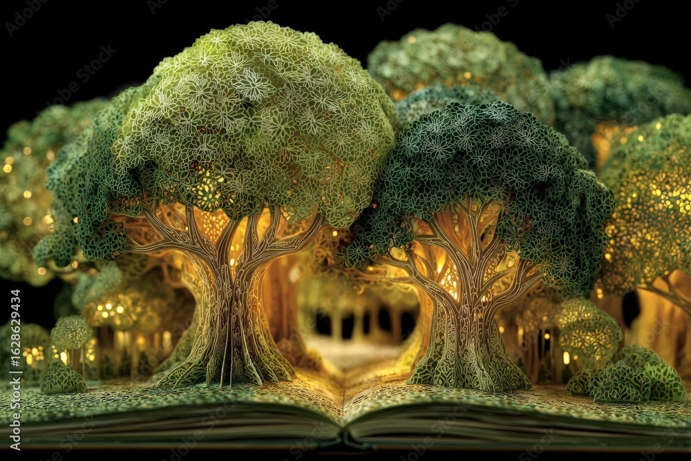 Poster intricate paper art of illuminated trees creating a magical forest within an open book