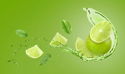 Fresh limes, leaves and drink splash in air against green background