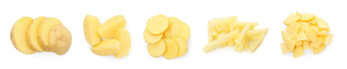 Fresh potato slices isolated on white, set. Different types of cuts