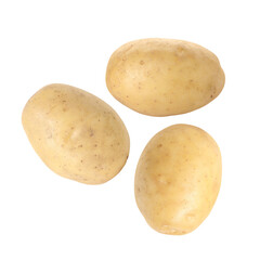 Three raw potatoes flying against white background