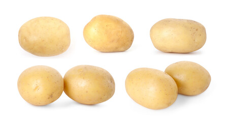 Fresh raw potatoes isolated on white, set