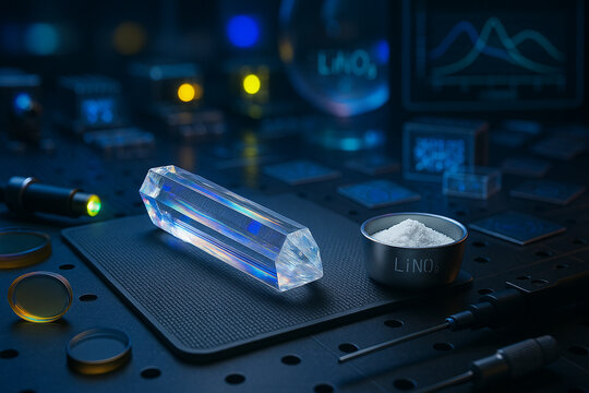 A flawless LiNbO₃ crystal glows in sci-fi clarity, surrounded by photonics tools and data—showcasing its optical mastery in action.