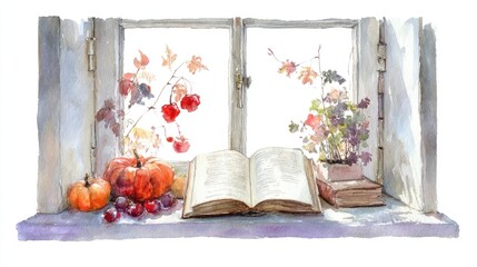autumn window with pumpkins and an open book
