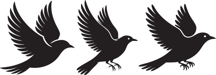 Obraz premium Three Black Bird Silhouettes in Flight Vector Graphic for Design and Creativity Projects Embodying Peace and Freedom