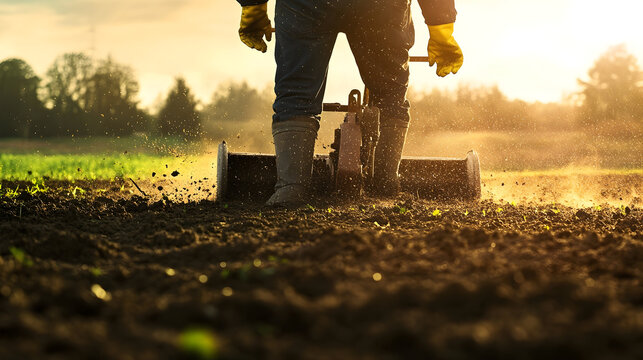 Farmer operating motorized cultivator in sunlit field for efficient agriculture