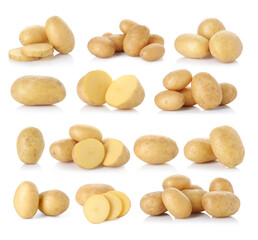 Fresh raw potatoes isolated on white, set