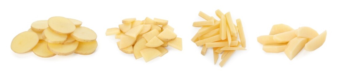 Fresh potato slices isolated on white, set. Different types of cuts