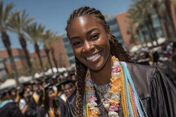 Smiling graduate celebrating achievement at outdoor graduation ceremony in California under clear blue sky
