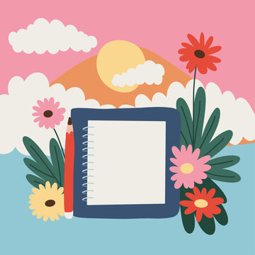 Colourful Workspace Desk with Blank Open Notepad and Pencil on a Floral Background with Clouds and Sun
