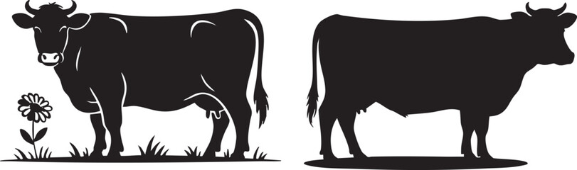 Two black cow silhouettes grazing near flower dairy farm animal illustration vector graphic design for print