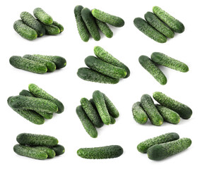 Fresh ripe cucumbers isolated on white, set